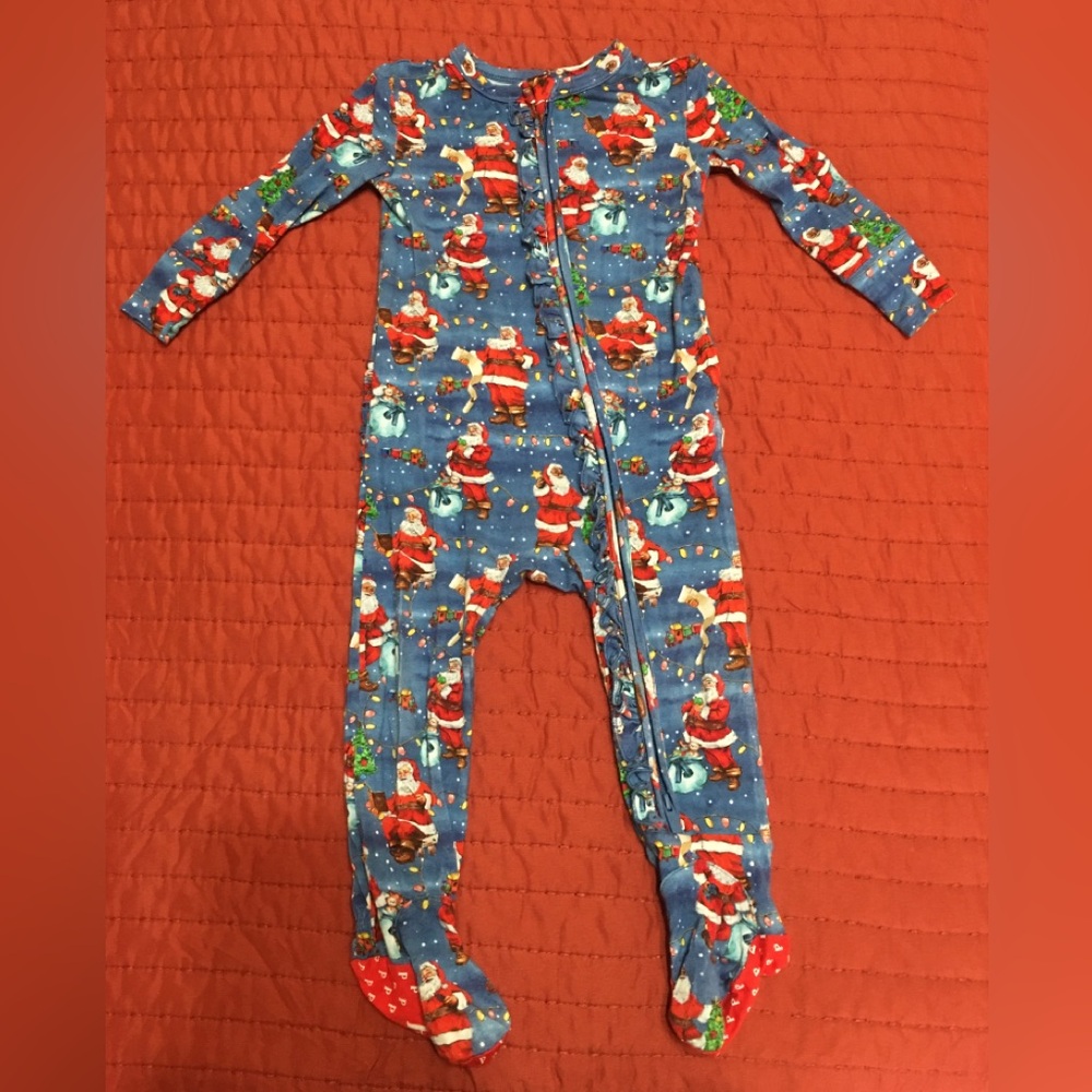 Posh Peanut Blue Santa Claus footie one piece with ruffle. Size 12-18 months.